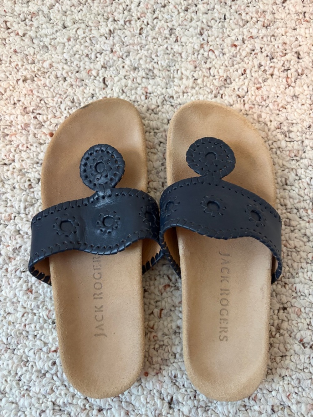 Jack Rogers Navy Leather Slide Sandals with Tan Footbed